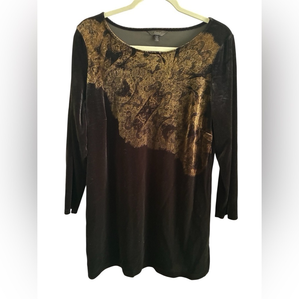 Soma Top Large Black Gold 3/4 Sleeves Stretch Lounge Velvet Burnout Whimsigoth